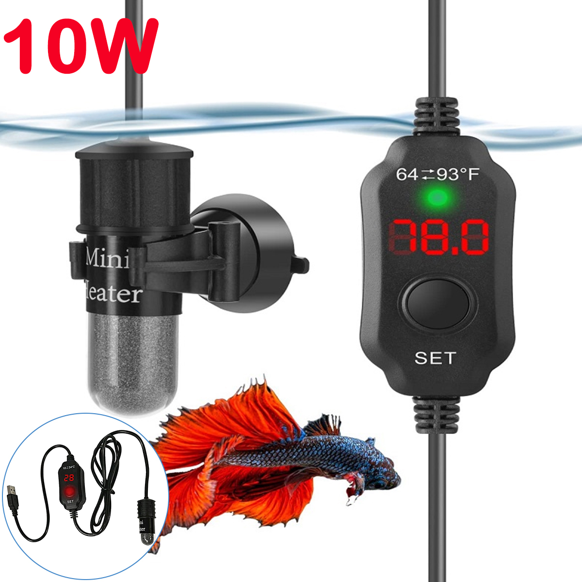Fish Tank Heater - Regulowany grzejnik akwariowy 10W 18-34 °